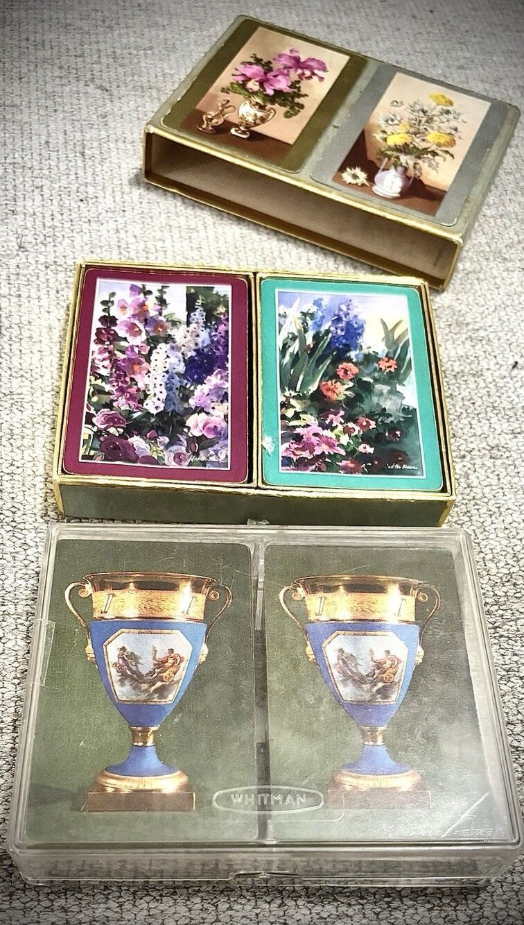 Vintage Playing Cards Lot Floral Decks Gold Box + Whitman Set Retro 2 Pair